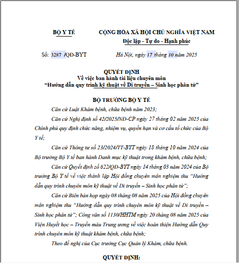 Quyết định số 3287/QĐ-BYT ngày 17 tháng 10 năm 2025 của Bộ Y tế về việc ban hành tài liệu chuyên môn “Hướng dẫn quy trình kỹ thuật về Di truyền – Sinh học phân tử” (Tập 2)