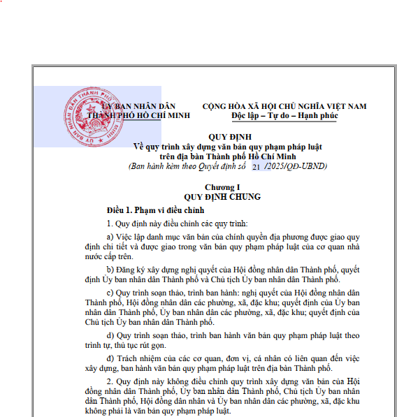 Quy định về quy trình xây dựng văn bản quy phạm pháp luật trên địa bàn Thành phố Hồ Chí Minh (ban hành kèm theo Quyết định số 21/2025/QĐ-UBND)