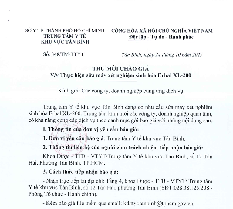 Số 348/TM-TTYT ngày 24/10/2025 Thư mời chào giá về việc Thực hiện sửa máy xét nghiệm sinh hóa Erbal XL-200
