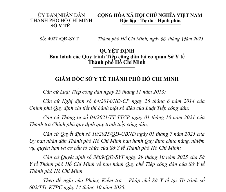 Quyết định 4027/QĐ-SYT ngày 06/11/2025 về ban hành các Quy trình Tiếp công dân tại cơ quan Sở Y tế Thành phố Hồ Chí Minh