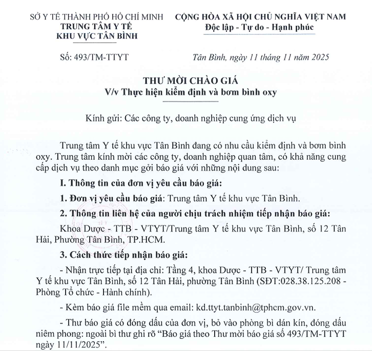 Số 493/TM-TTYT ngày 11/11/2025 Thư mời chào giá về việc thực hiện kiểm định và bơm bình oxy