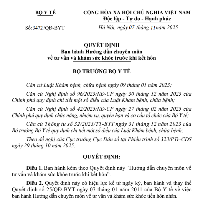 Quyết định số 3472/QĐ-BYT ngày 07/11/2025 của Bộ Y tế về ban hành hướng dẫn chuyên môn về tư vấn và khám sức khỏe trước khi kết hôn