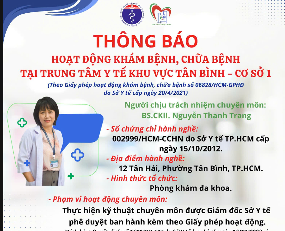 Thông báo Hoạt động khám bệnh, chữa bệnh tại Trung tâm Y tế khu vực Tân Bình - Cơ sở 1