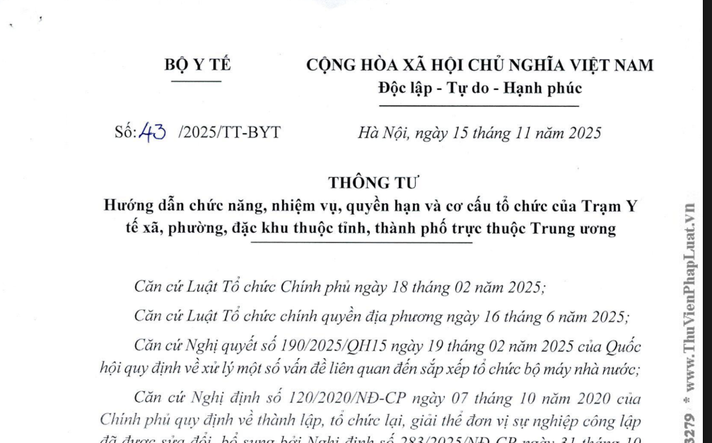 Thông tư số 43/2025/TT-BYT ngày 15/11/2025 của Bộ Y tế về hướng dẫn chức năng, nhiệm vụ, quyền hạn và cơ cấu tổ chức của Trạm Y tế