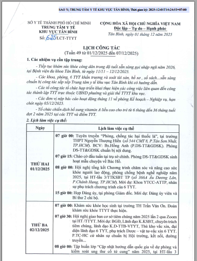 LỊCH CÔNG TÁC TUẦN 49 (Từ 01/12/2025 đến 07/12/2025)