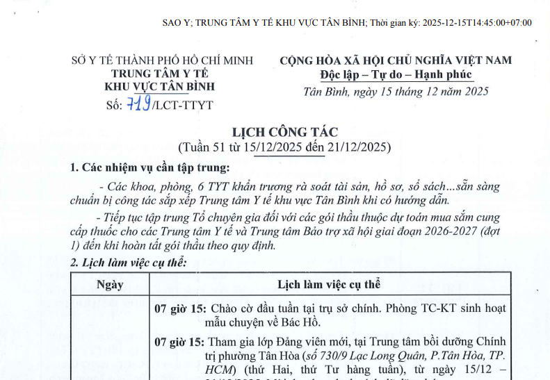 LỊCH CÔNG TÁC TUẦN 51 (Từ 15/12/2025 đến 21/12/2025)
