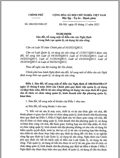 Nghị định số 286/2025/NĐ-CP ngày 03 tháng 11 năm 2025 của Chính phủ về sửa đổi, bổ sung một số điều của các Nghị định trong lĩnh vực quản lý, sử dụng tài sản công.