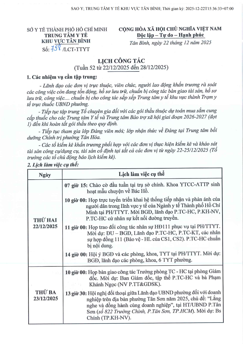 Lịch công tác Tuần 52 (từ 22/12/2025 đến 28/12/2025)