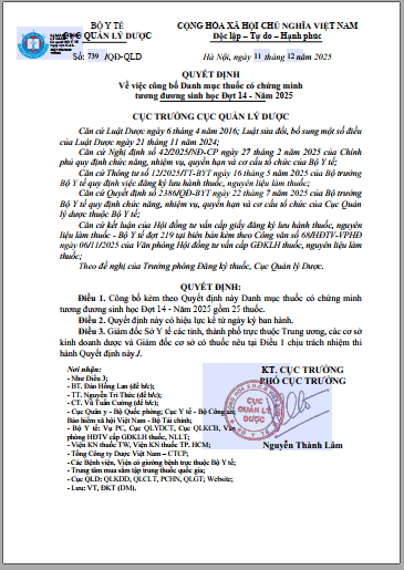 Quyết đinh số 739/QĐ-QLD ngày 11 tháng 12 năm 2025 của Cục Quản Lý Dược về việc công bố Danh mục thuốc có chứng minh tương đương sinh học Đợt 14 - Năm 2025