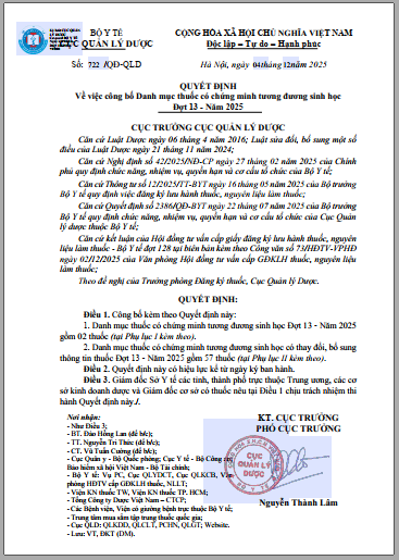 Quyết định số 722/QĐ-QLD ngày 04 tháng 12 năm 2025 của Cục Quản lý Dược về việc công bố Danh mục thuốc có chứng minh tương đương sinh học Đợt 13 - Năm 2025