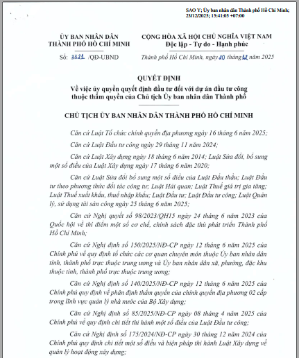 Quyết định số 3321/QĐ-UBND ngày 20 tháng 12 năm 2025 của Uỷ ban nhân dân Tp.HCM về việc uỷ quyền quyết định đầu tư đối với dự án đầu tư công thuộc thẩm quyền của Chủ tịch Uỷ ban nhân dân Thành Phố