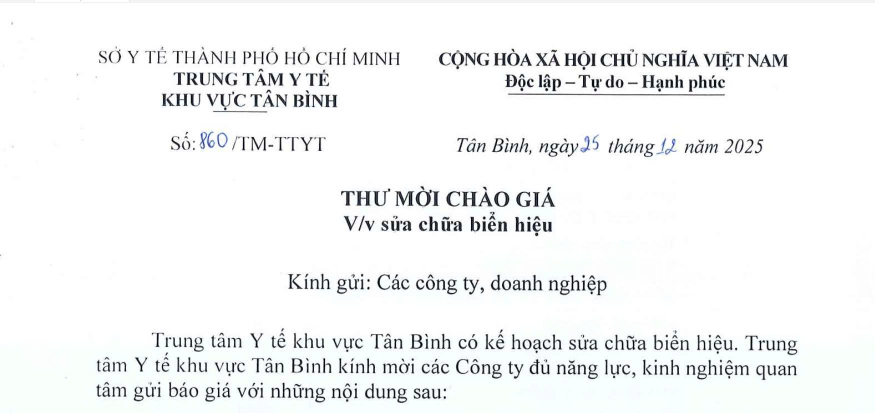 Thư mời chào giá số 860/TM-TTYT ngày 025/12/2025 của Trung tâm Y tế quận Tân Bình về việc sửa chữa bảng hiệu