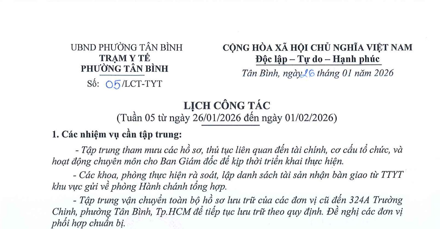 LỊCH CÔNG TÁC TUẦN 5 NĂM 2026