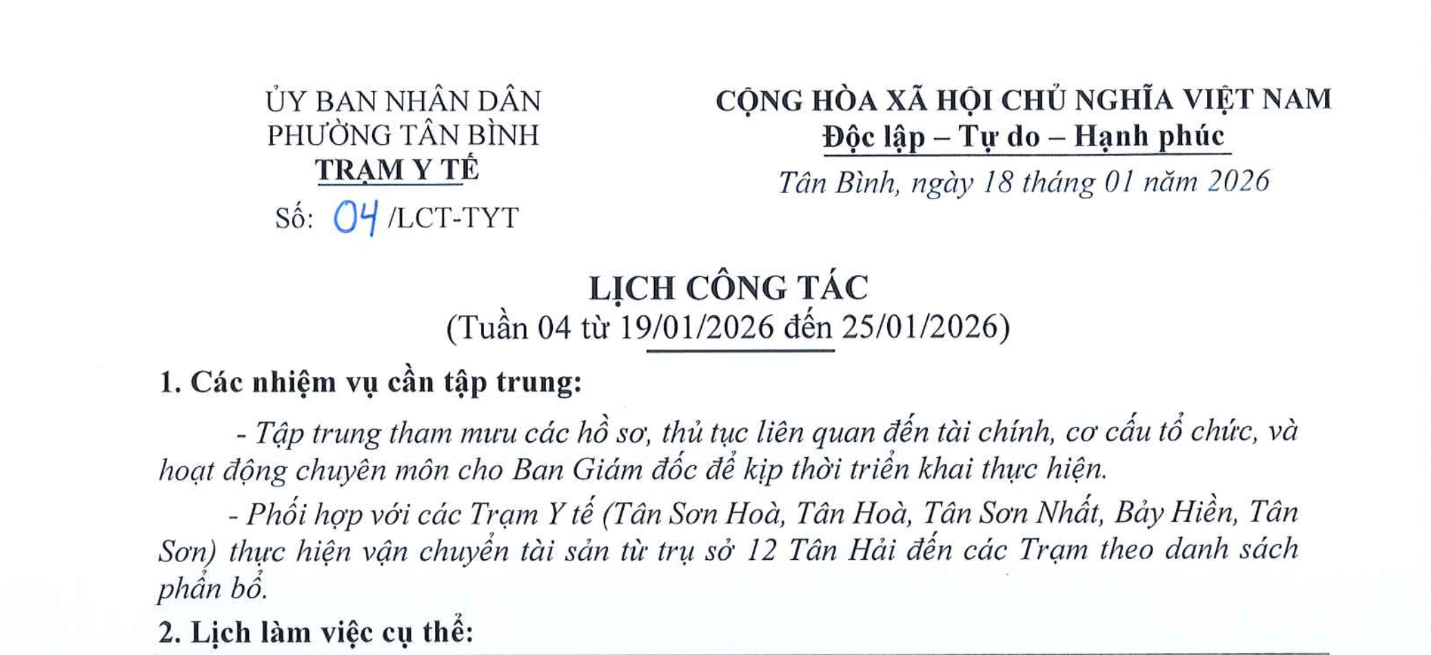LỊCH CÔNG TÁC TUẦN 4 (TỪ 19/01 - 25/01) NĂM 2026