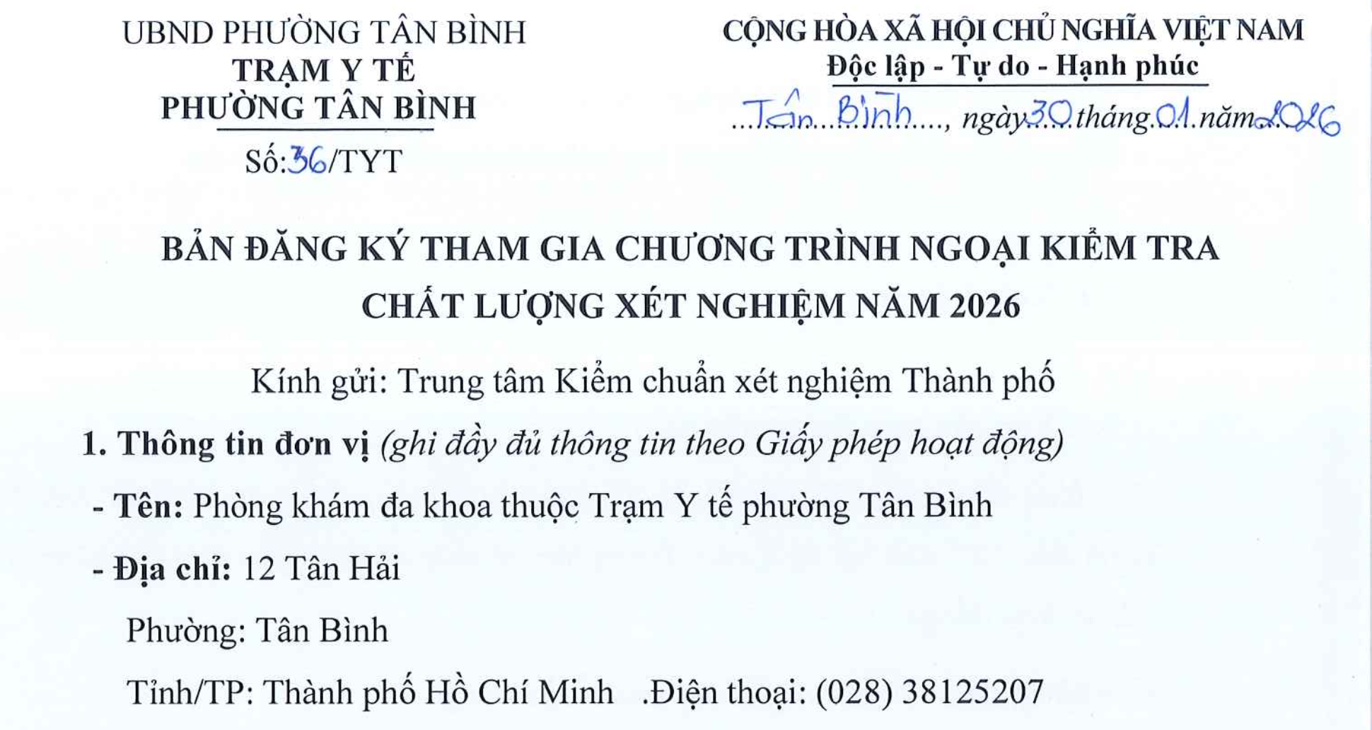 BẢN ĐĂNG KÝ THAM GIA CHƯƠNG TRÌNH NGOẠI KIỂM TRA CHẤT LƯỢNG XÉT NGHIỆM NĂM 2026