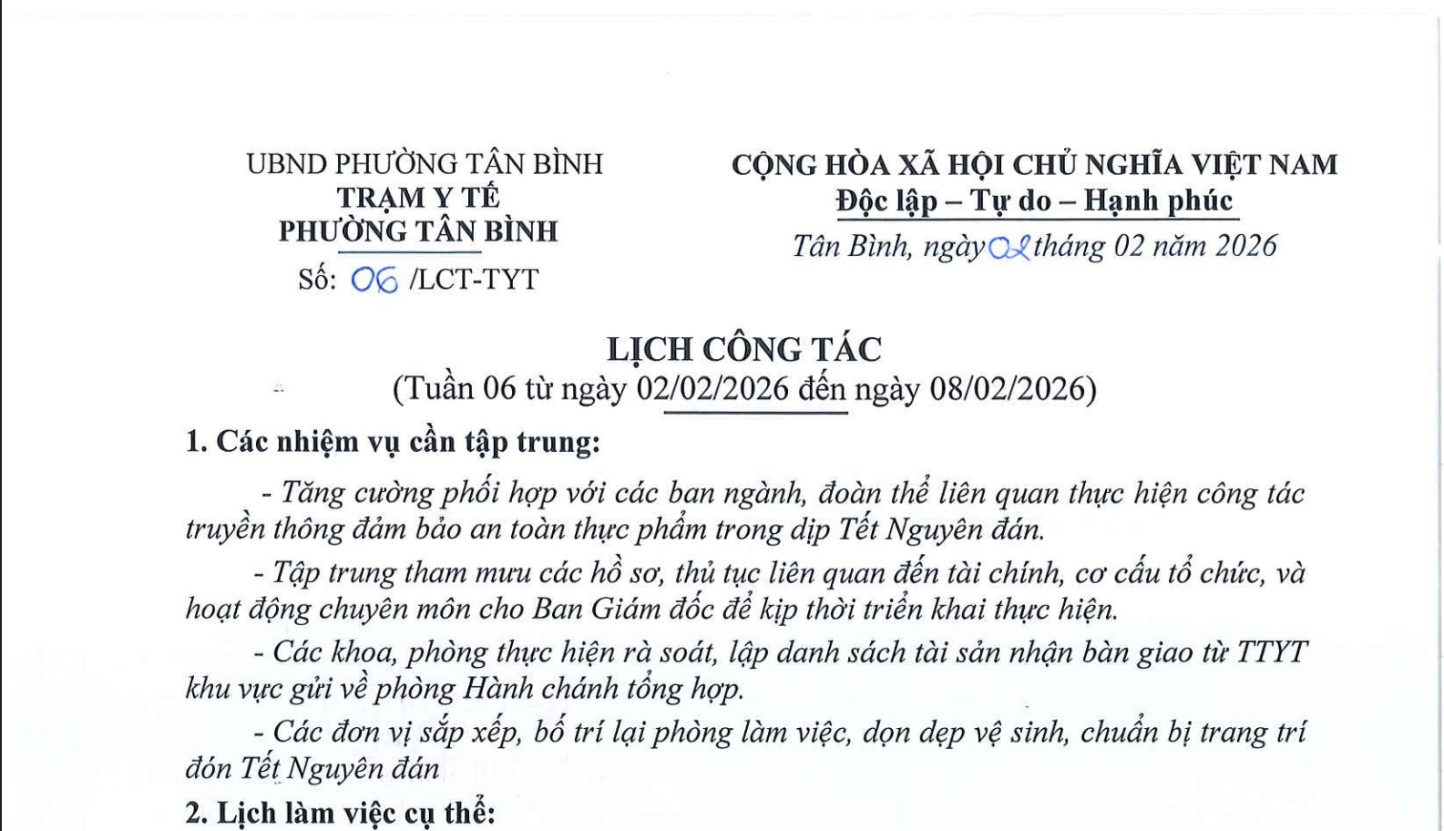 ỊCH CÔNG TÁC (Tuần 06 từ ngày 02/02/2026 đến ngày 08/02/2026)