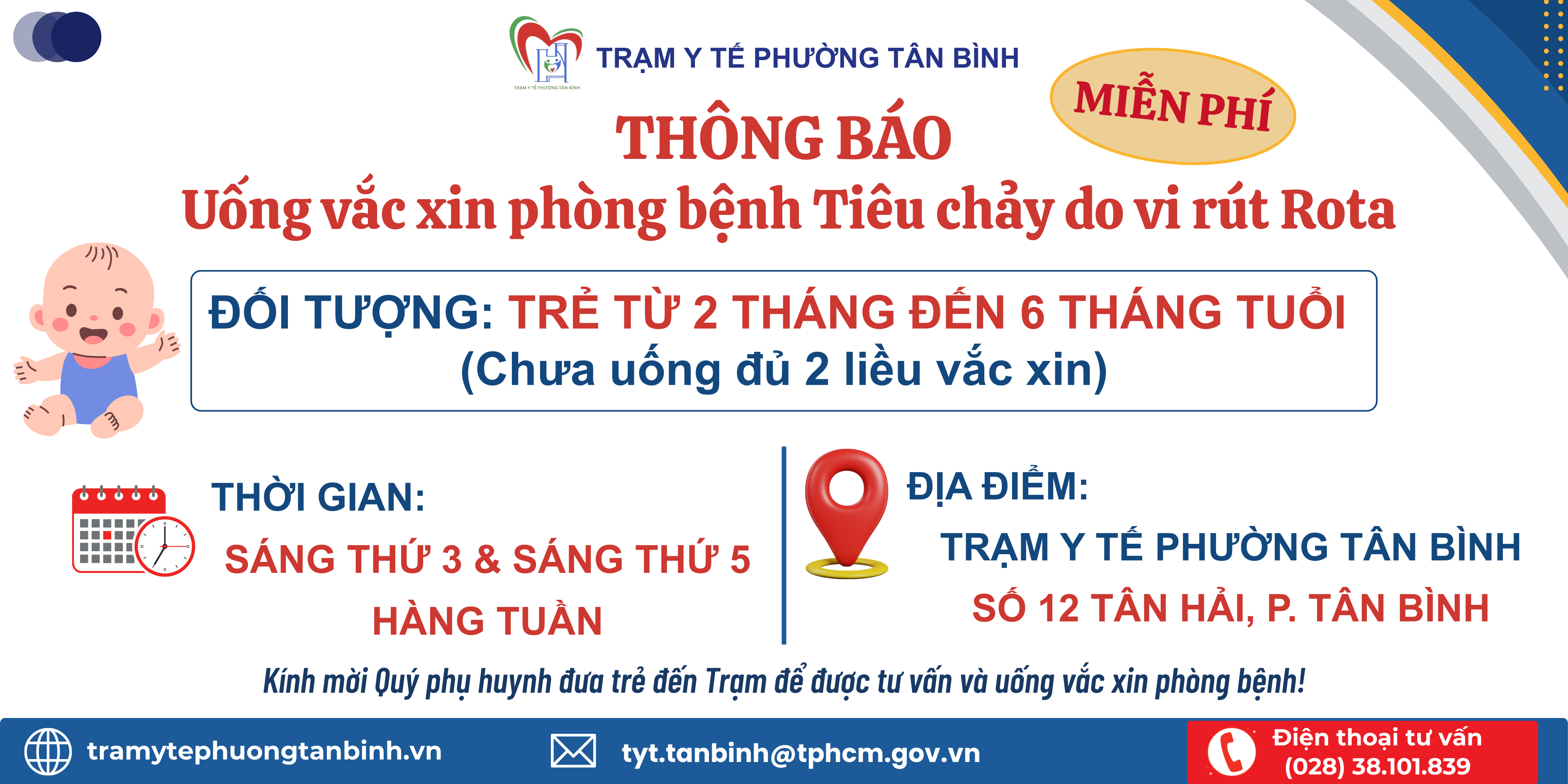 THÔNG BÁO UỐNG VẮC XIN PHÒNG BỆNH TIÊU CHẢY DO VI RÚT ROTA MIỄN PHÍ TẠI TRẠM Y TẾ PHƯỜNG TÂN BÌNH