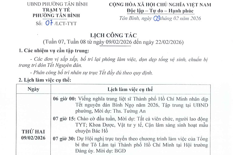 LỊCH TUẦN 07, TUẦN 08 (TỪ NGÀY 09/02/2026 ĐẾN NGÀY 22/02/2026)