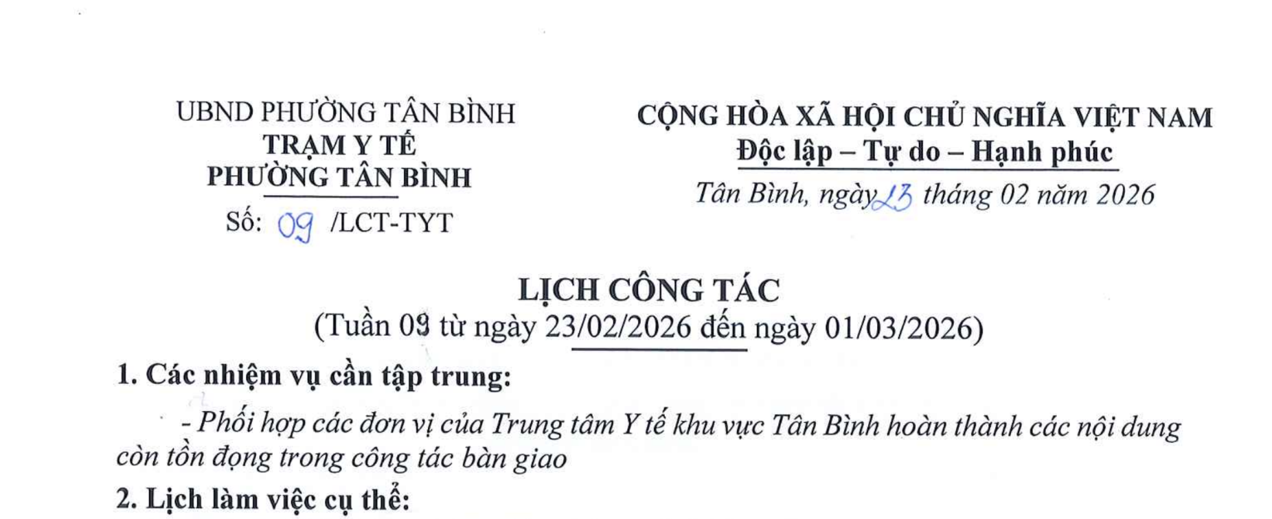LỊCH CÔNG TÁC TUẦN 09 (TỪ NGÀY 23/02 - 01/03/2026)