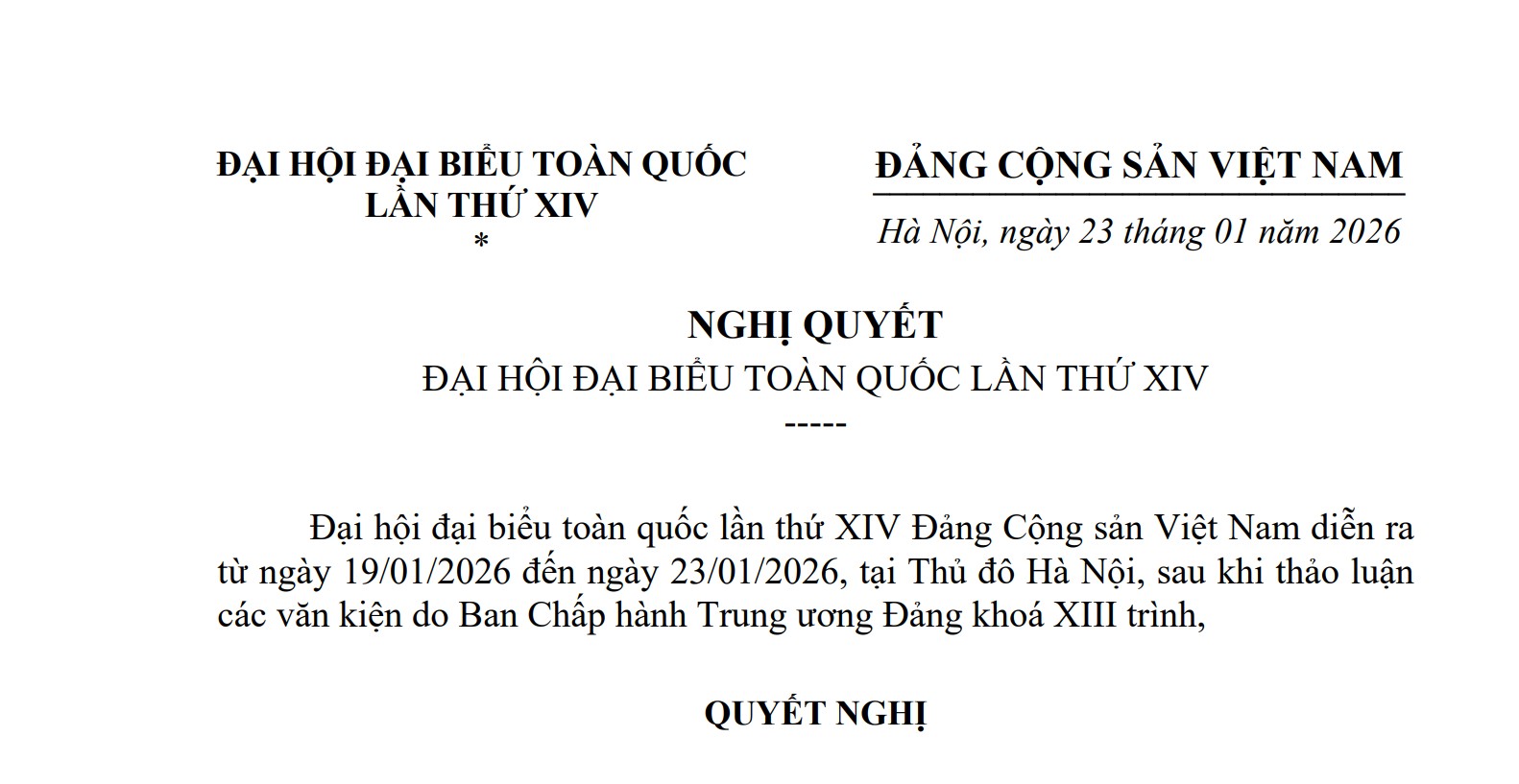 NGHỊ QUYẾT ĐẠI HỘI ĐẠI BIỂU TOÀN QUỐC LẦN THỨ XIV