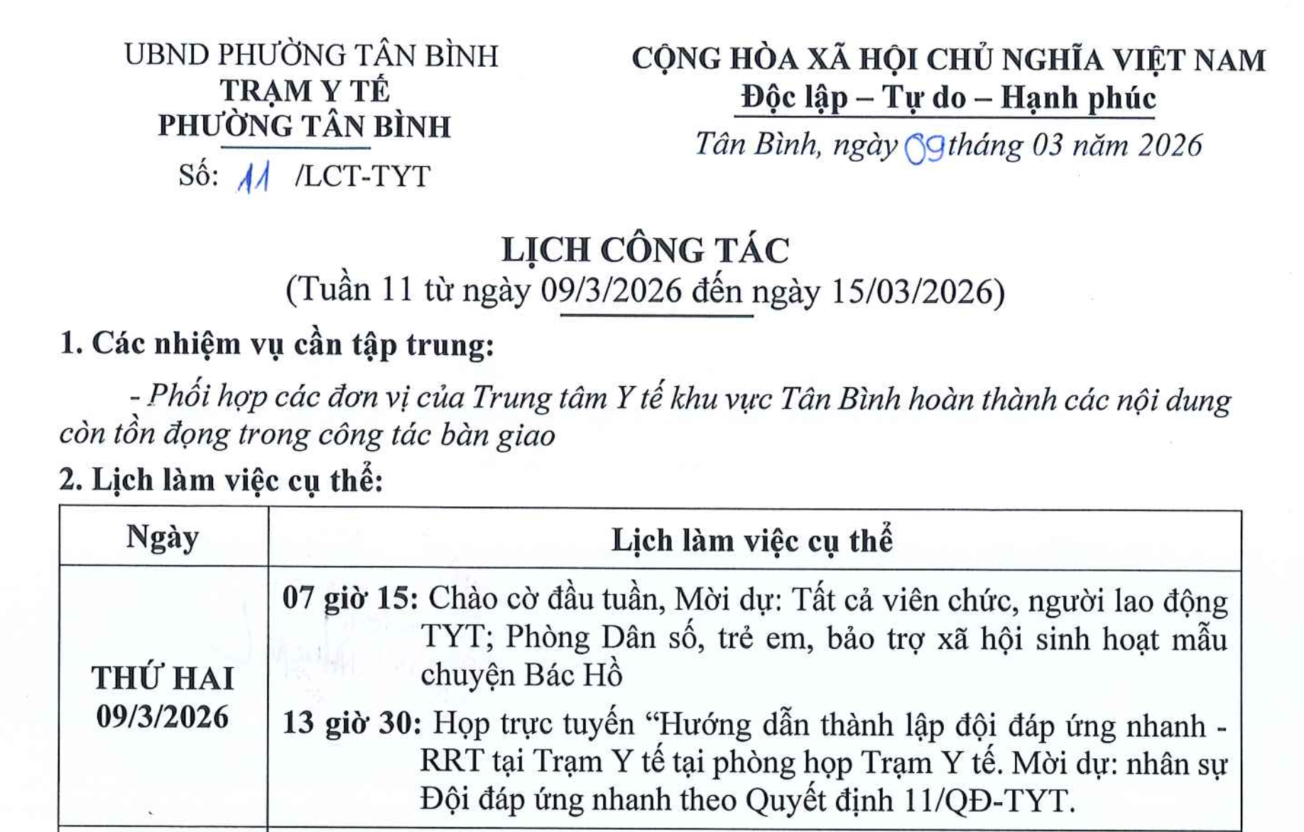 LỊCH CÔNG TÁC TUẦN 11 (TỪ NGÀY 09/3/2026 ĐẾN NGÀY 15/03/2026)