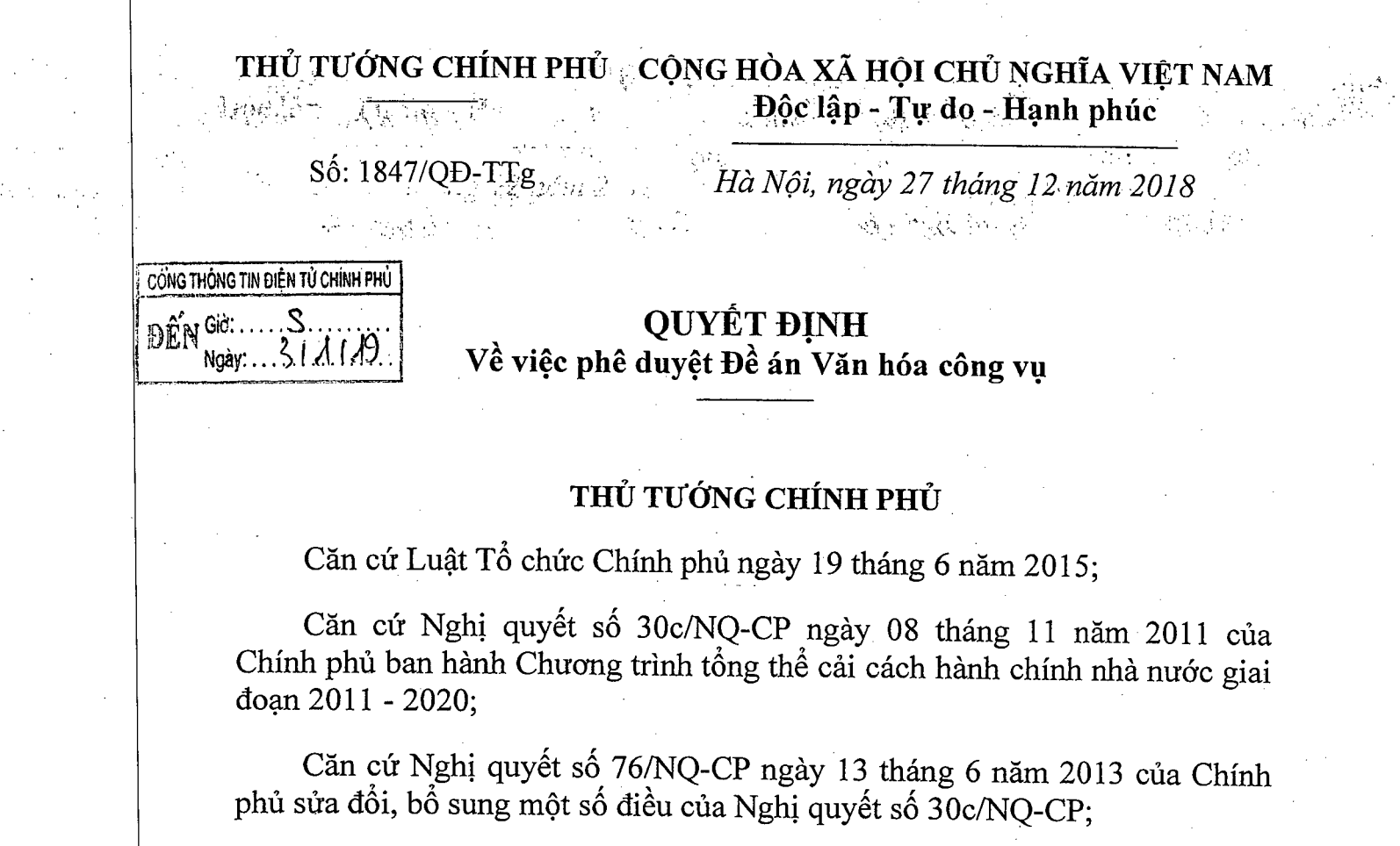 QUYẾT ĐỊNH VỀ VIỆC PHÊ DUYỆT ĐỀ ÁN VĂN HOÁ CÔNG VỤ