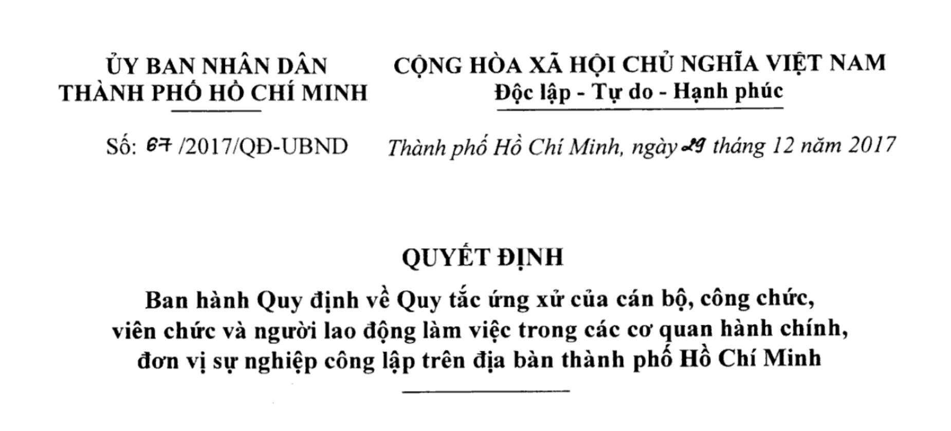 QUYẾT ĐỊNH BAN HÀNH QUY ĐỊNH VỀ QUY TẮC ỨNG XỬ TRONG CƠ QUAN HÀNH CHÍNH