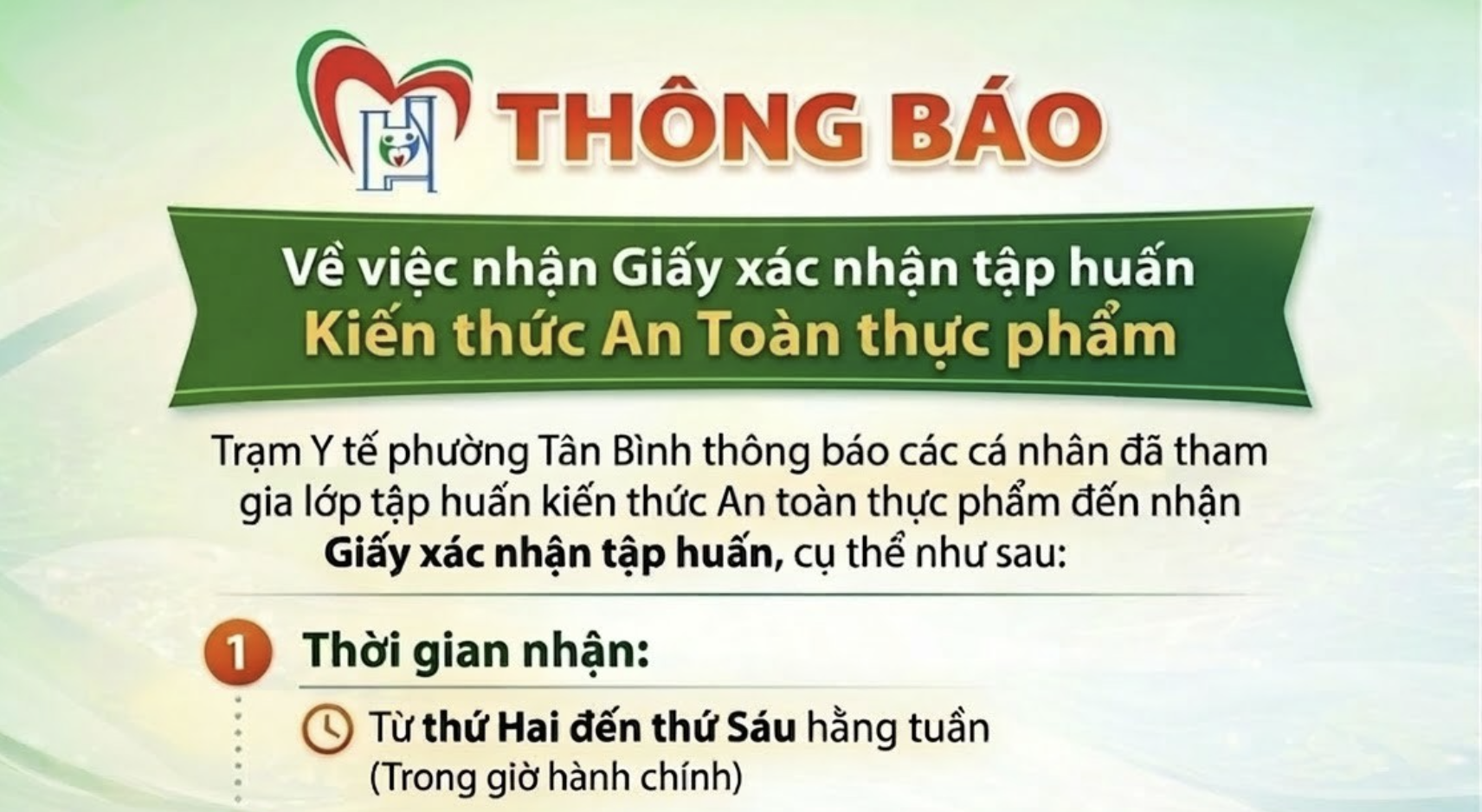 THÔNG BÁO VỀ VIỆC NHẬN GIẤY XÁC NHẬN TẬP HUẤN KIẾN THỨC AN TOÀN THỰC PHẨM KHOÁ 1-2-3 NĂM 2026 (HỌC NGÀY 05/3/2026 VÀ NGÀY 08/3/2026)