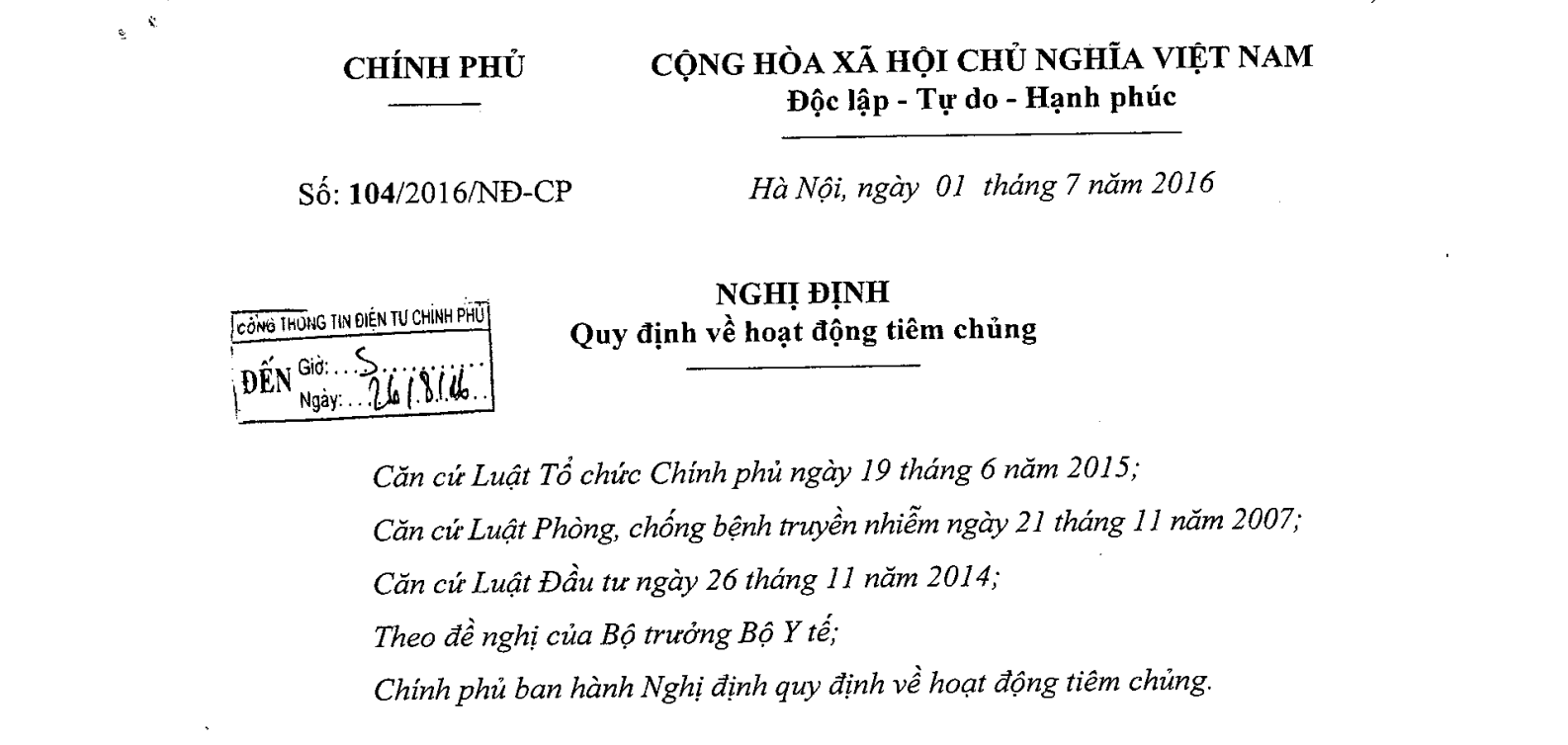 NGHỊ ĐỊNH SỐ 104/2026/NĐ-CP QUY ĐỊNH VỀ HOẠT ĐỘNG TIÊM CHỦNG