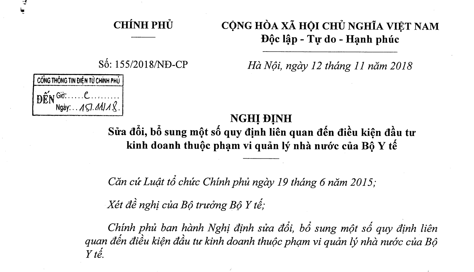 Nghị định 155/2018/NĐ-CP: Sửa đổi, bổ sung một số quy định về điều kiện đầu tư kinh doanh y tế.