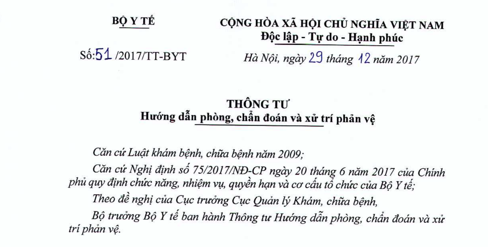 Thông tư 51/2017/TT-BYT: Hướng dẫn phòng, chẩn đoán và xử trí phản vệ