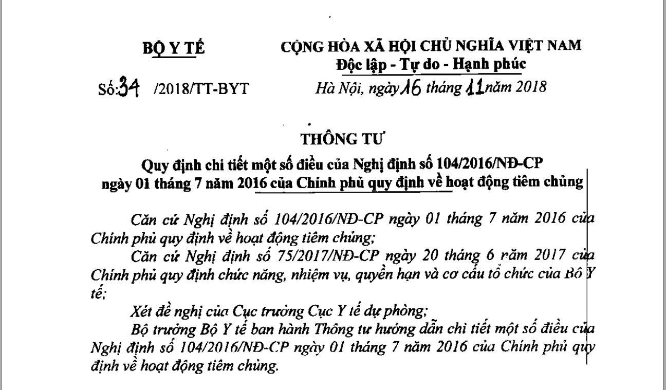 Thông tư 34/2018/TT-BYT: Hướng dẫn chi tiết thi hành Nghị định 104 (Quản lý vắc xin, đối tượng, quy trình).