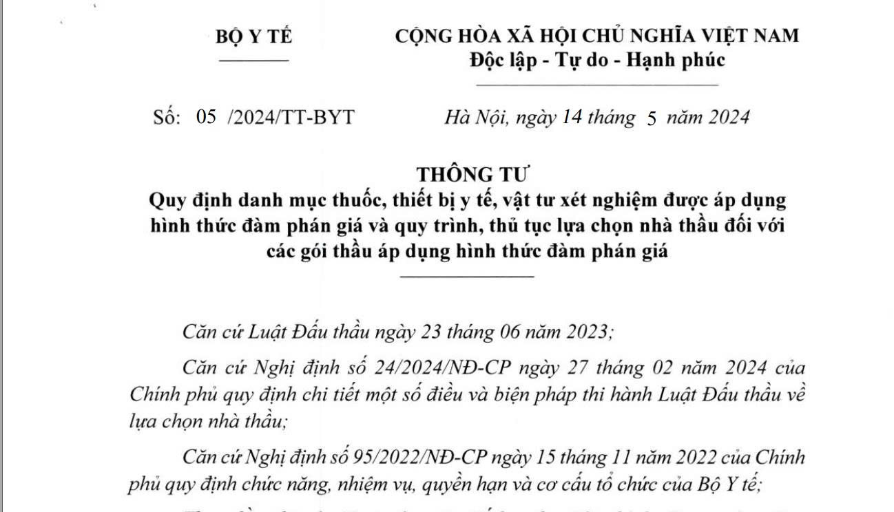 Thông tư 05/2024/TT-BYT Quy định danh mục thuốc, thiết bị y tế, vật tư xét nghiệm được áp dụng hình thức đàm phán giá và quy trình, thủ tục lựa chọn nhà thầu đối với các gói thầu áp dụng hình thức đàm phán
