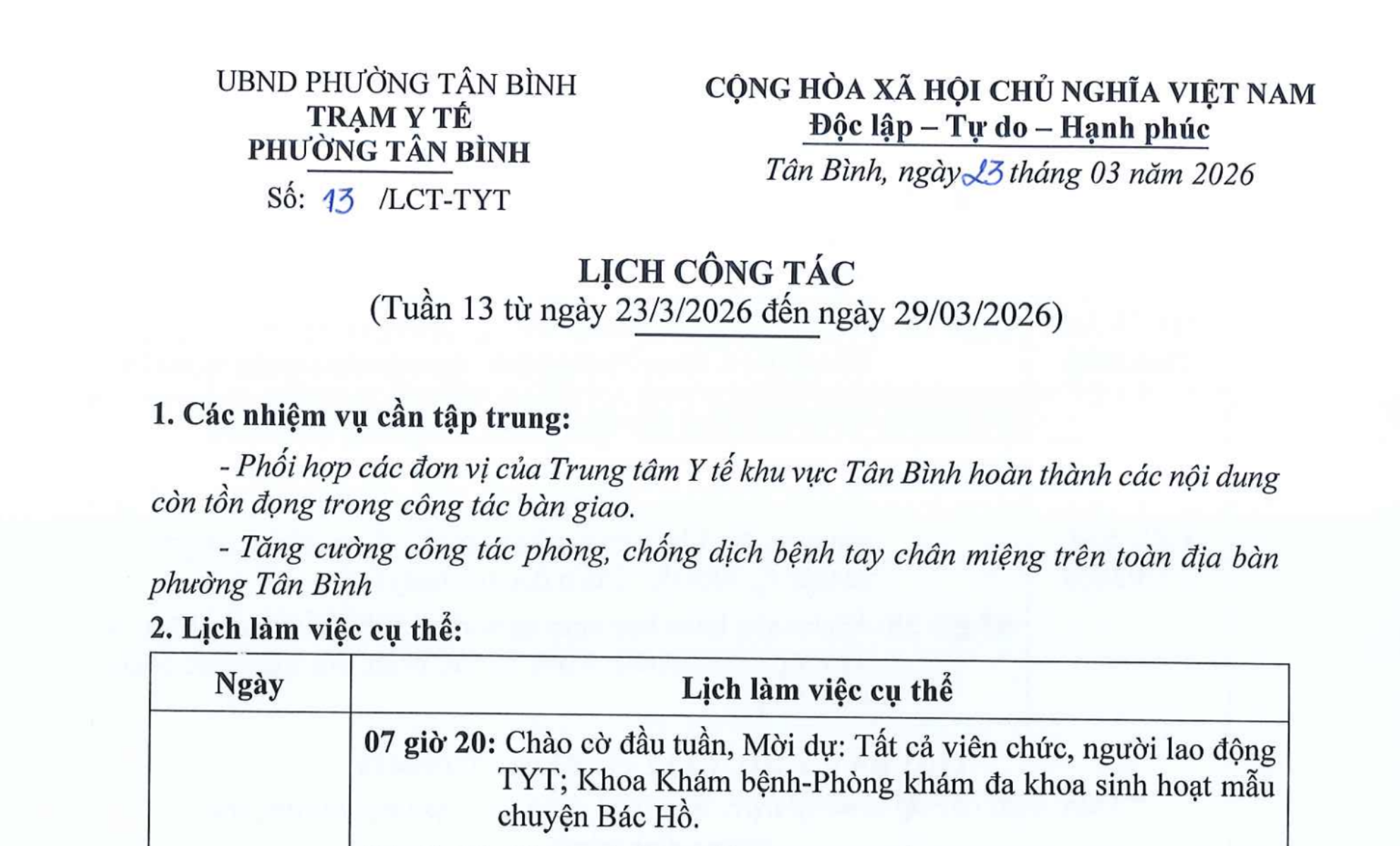 LỊCH CÔNG TÁC TUẦN 13 (NGÀY 23/3/2026 ĐẾN NGÀY 29/3/2026)