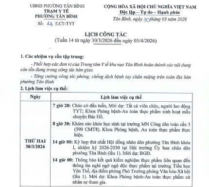 Lịch công tác tuần 14 ( Từ ngày 30-3-2026 đến 5-4-2026)