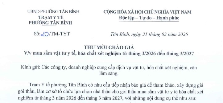 THƯ MỜI CHÀO GIÁ SỐ 20/TM-TYT NGÀY 31/3/2026