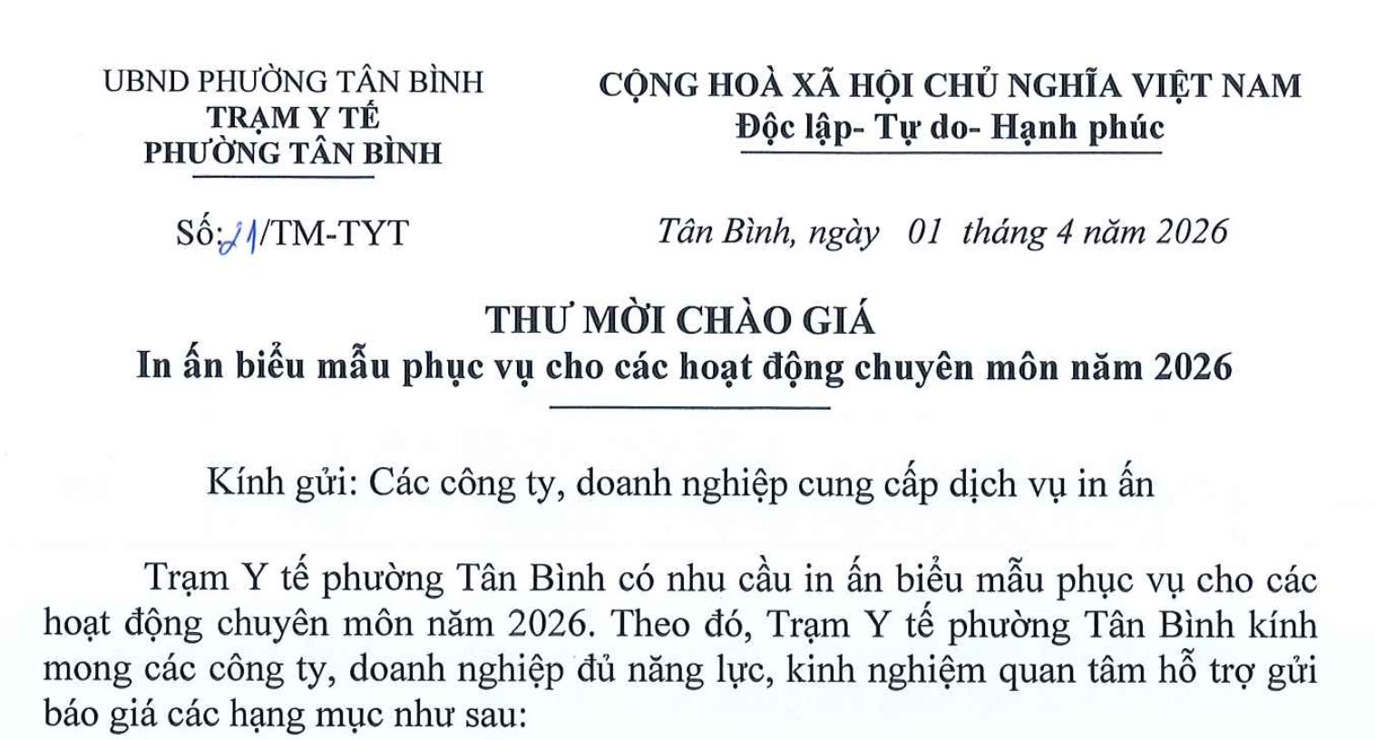 Thư mời chào giá (In ấn biểu mẫu phục vụ cho các hoạt động chuyên môn năm 2026)