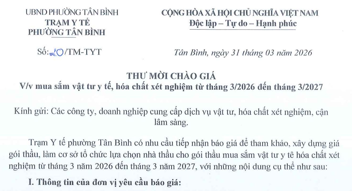 Thư mời chào giá (V/v mua sắm vật tư y tế, hóa chất, hóa chất xét nghiệm từ tháng 3/2026 đến tháng 3/2027)