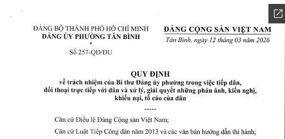 Quy định số 257-QĐ/ĐU về trách nhiệm của Bí thư Đảng ủy phường trong việc tiếp dân, đối thoại trực tiếp với dân và xử lý, giải quyết những phản ánh, kiến nghị, khiếu nại, tố cáo của dân