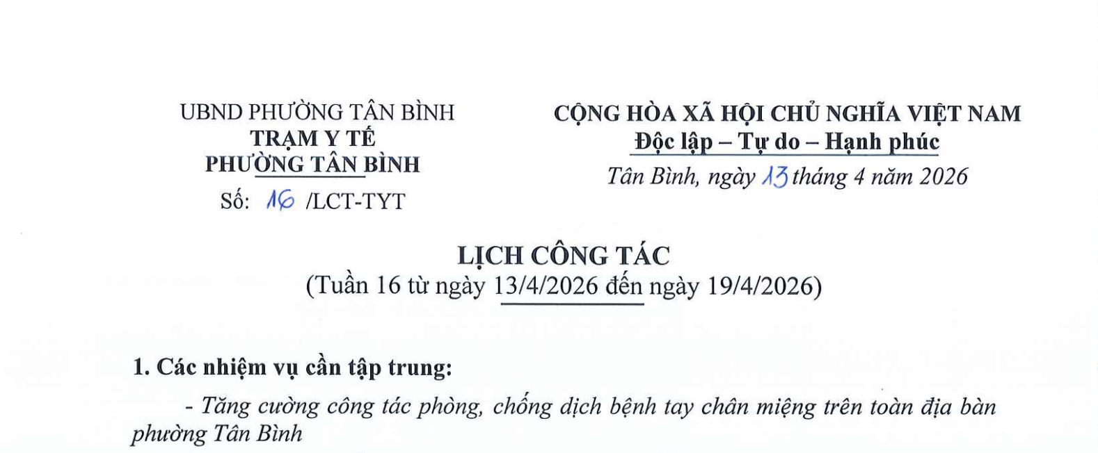LỊCH CÔNG TÁC TUẦN 16 (NGÀY 13/4/2026 ĐẾN NGÀY 19/4/2026)