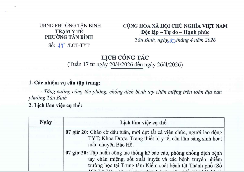 LỊCH CÔNG TÁC TUẦN 17 ( TỪ NGÀY 20/4/2026 ĐẾN NGÀY 26/4/2026)