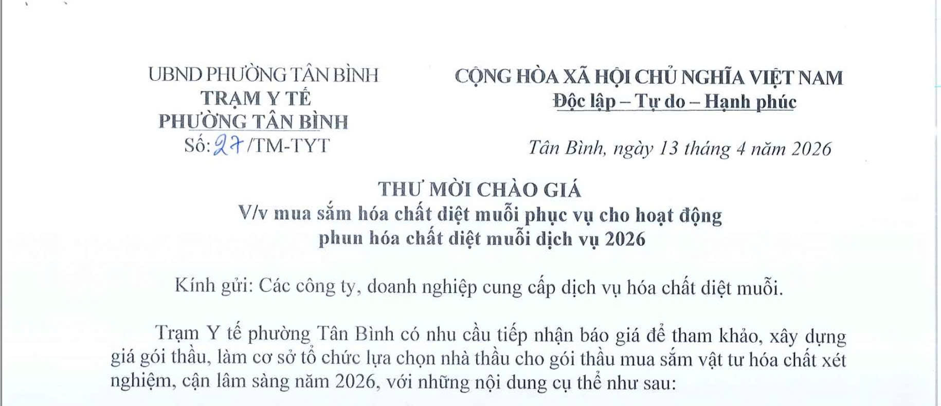 Thư mời chào giá số 27/TM-TYT ngfy 13/4/2026 về việc mua sắm hóa chất diệt muỗi phục vụ cho hoạt động phun hóa chất diệt muỗi dịch vụ năm 2026