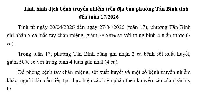 Tình hình dịch bệnh truyền nhiễm trên địa bàn phường Tân Bình tính đến tuần 17/2026