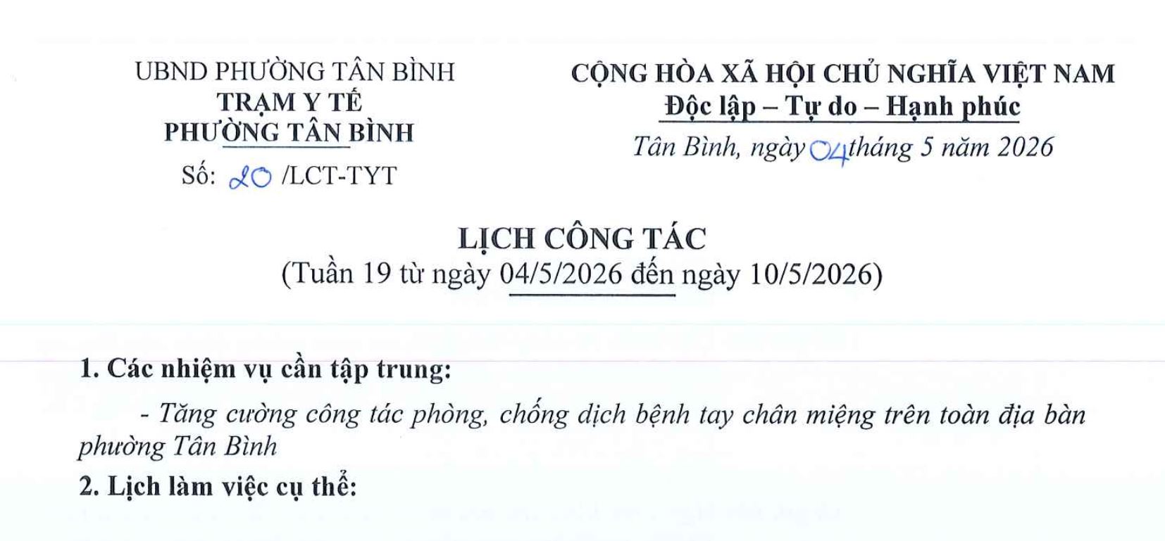 LỊCH CÔNG TÁC  (Tuần 19 từ ngày 04/5/2026 đến ngày 10/5/2026)