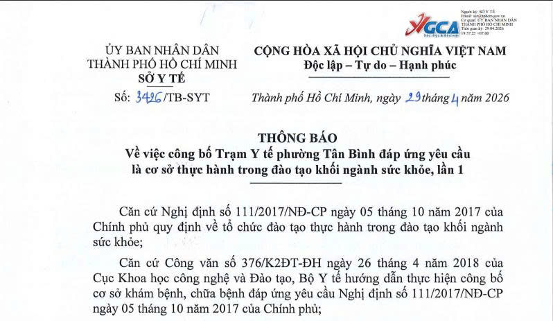 Thông báo số 3426/TB-TYT của sở Y tế Tp.HCM về việc công bố TYT phường Tân Bình đáp ứng yêu cầu là cơ sở thực hành trong đào tạo khối ngành sức khỏe