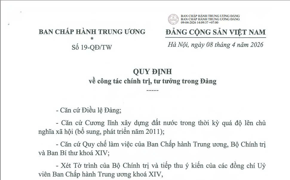 Quy định số 19-QĐ/TW của Ban chấp Hành Trung ương Đảng về công tác vhisnh trị, tư tưởng trong Đảng