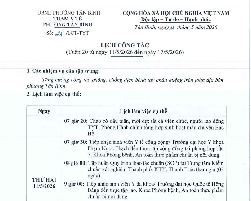 LỊCH CÔNG TÁC  (Tuần 20 từ ngày 11/5/2026 đến ngày 17/5/2026)