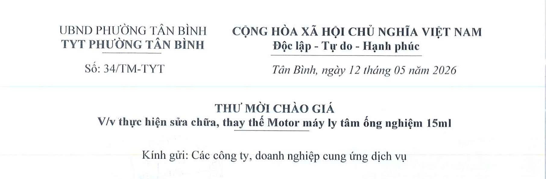 Thư mời chào giá số 13/TM-TYT ngày 12/5/2026 của Trạm Y tế phường Tân Bình về việc thực hện sửa chữa, thay thế Motor máy ly tâm ống nghiệm 15ml
