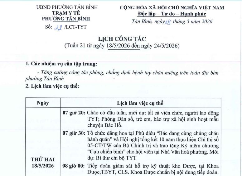 LỊCH CÔNG TÁC  (Tuần 21 từ ngày 18/5/2026 đến ngày 24/5/2026)