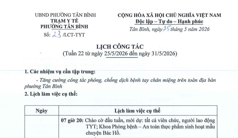 Lịch công tác tuần 22 (từ ngày 25/5/2026 đến ngày 31/5/2026)